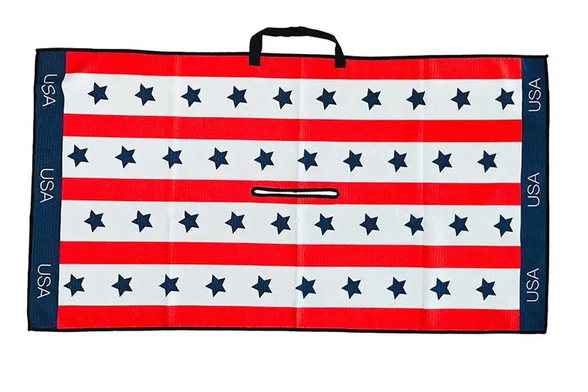 Finished red white and blue promotional towel with carrying handle