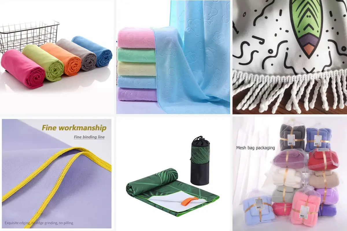 Beach towel color choices, fringe and bound edges, carry bags and individual packaging