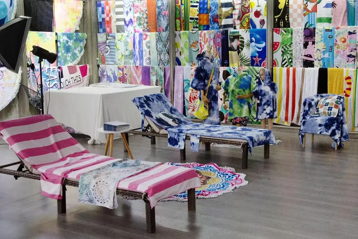 Custom printed beach towel samples for resort, promotional and retail projects
