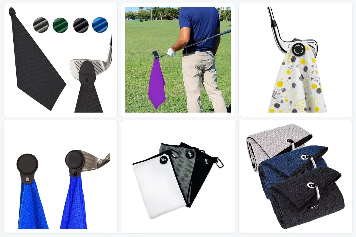 Golf towel magnetic tabs grommets clips and carabiner attachment options