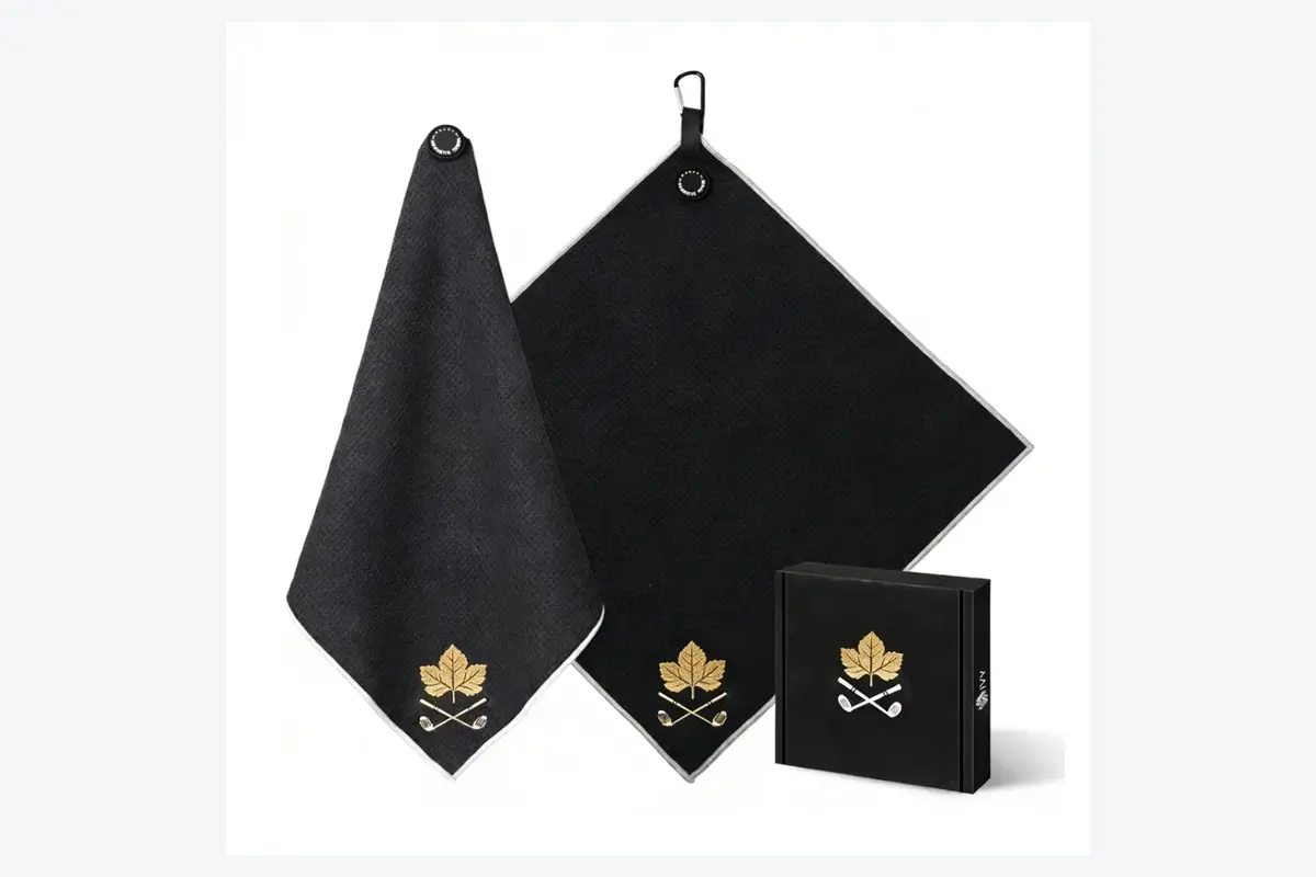 Black golf towel set with coordinated gift presentation box