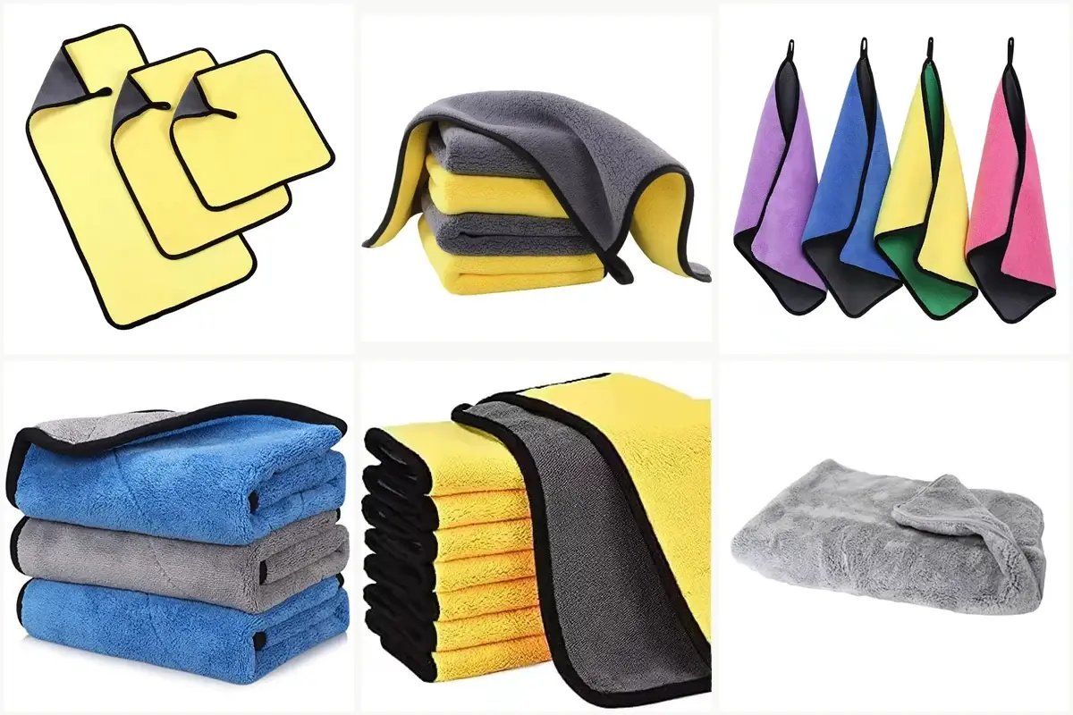 Six microfiber towel edge finishes with bound borders, stitched loops, and plush folded edges