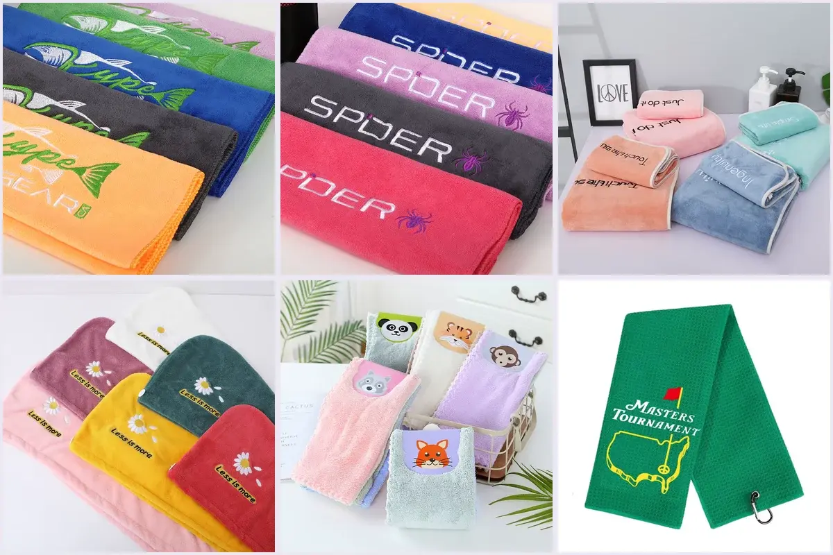 Six embroidered towel examples showing readable words, initials, symbols, and detailed logo artwork