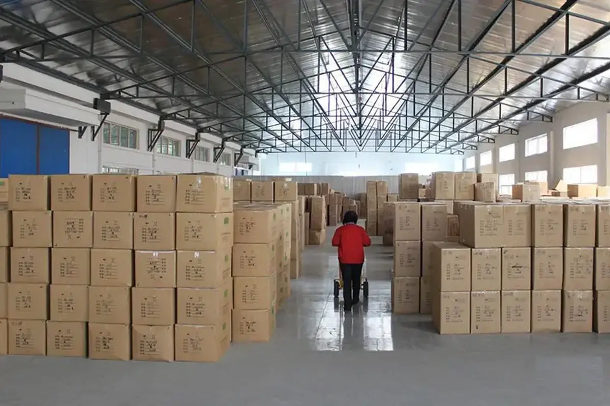 Packed order cartons arranged in a warehouse to show production volume scope